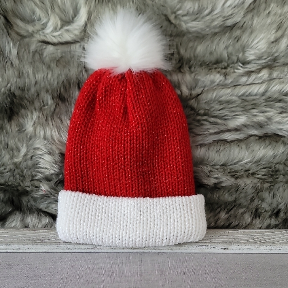 Red and White Knit Beanie with Pom Pom